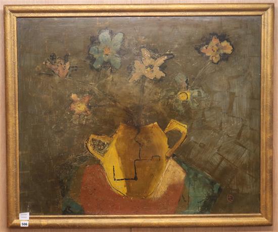 Pascal, acrylic on panel, still life of a stylised jug and flowers, signed and dated 1960, 80 x 78cm